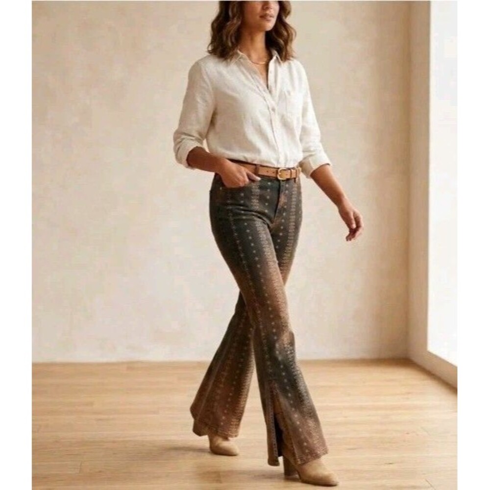 Nicole Z Embroidered Brown Flare Jeans Vintage Wash Boho Y2K Western Cutout 16